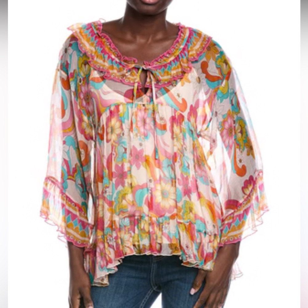 Johnny Was Floral Sheer Ruffle Blouse in Pink, Coral, Turquoise - Picture 12 of 16